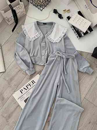 Жіночий плюшевий костюм-двійка: кофта з коміром і штани велюр Блакитний, 46/48 Одеса