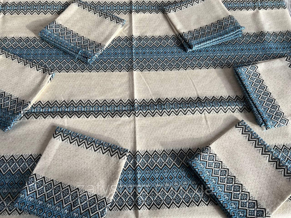 Блакитна вишита скатертина з серветками на льону Київ - фото 4