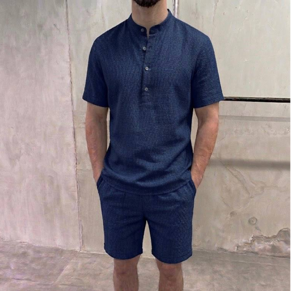 Чоловічі шорти і футболка костюм з льону літній на резинці з кишенями повсякденний базовий синій Одеса - фото 1