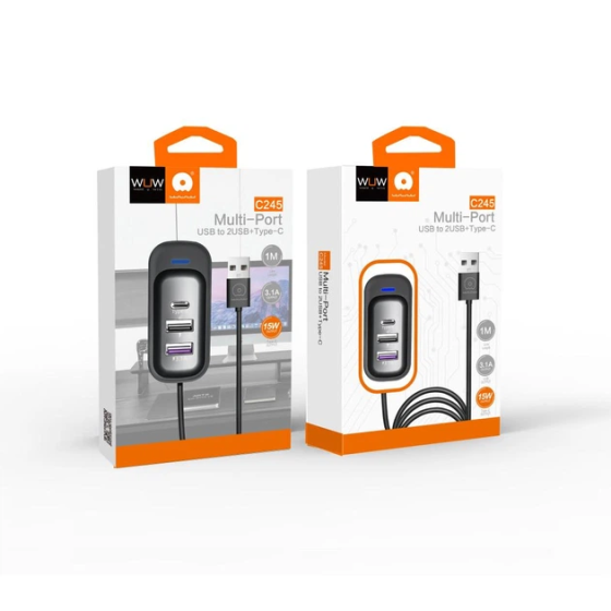 USB-хаб WUW-C245 3-in-1 USB-A to 2 USB-A, USB-C Black Одеса