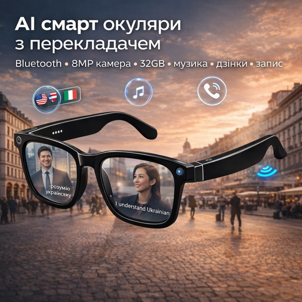 Розумні AI-окуляри з камерою 8MP, відео 1200P, Bluetooth 5.3, переклад, Open-Ear аудіо, ENC, Wi-Fi Sync, 220 мАг Київ - фото 11