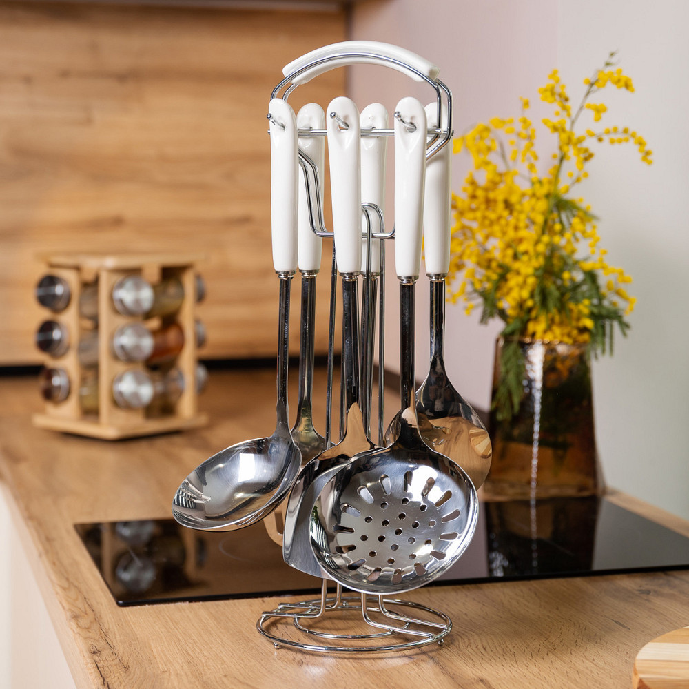 Набір кухонного приладдя на підставці 7 предметів кухонні аксесуари на підставці Білий із сріблястим HP-20-70 Київ - фото 6