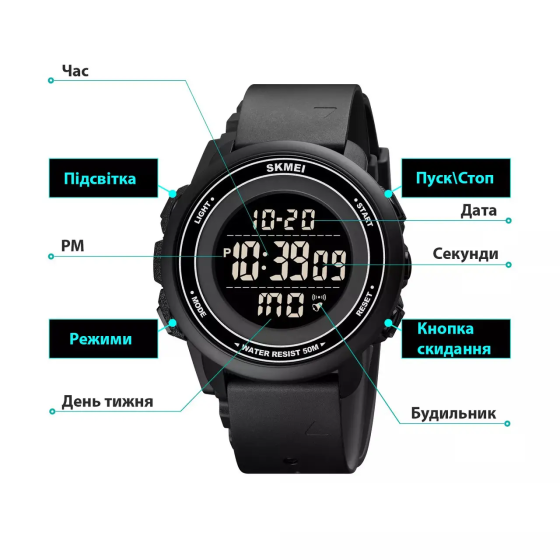 Спортивний чоловічий годинник Skmei 1736 (Чорний з чорним циферблатом) Вінниця
