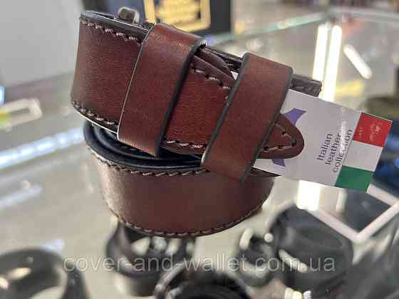 Універсальний чоловічий ремінь з коричневої шкіри із оригінальною пряжкою 40 мм PS Leather Київ