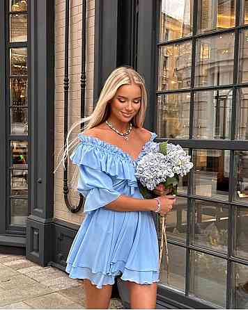 Женское нежное воздушное мини платье с пышной юбочкой креп шифон Голубой Одесса