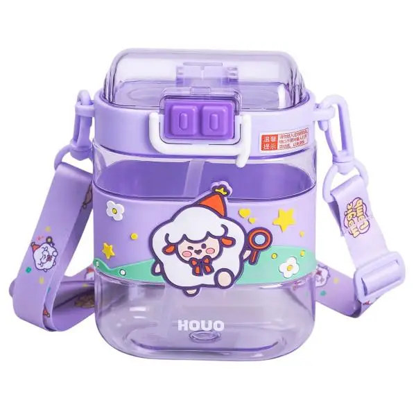 Пляшка для води дитяча з трубочкою та ремінцем 560 мл пляшечка для пиття в школу 15 см Фіолетова HP-14-36V Коломия - фото 1