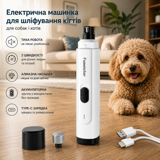 Электрическая шлифовальная машинка для когтей собак и кошек, 2 скорости, тихая, аккумуляторная, Type-C, белая Киев