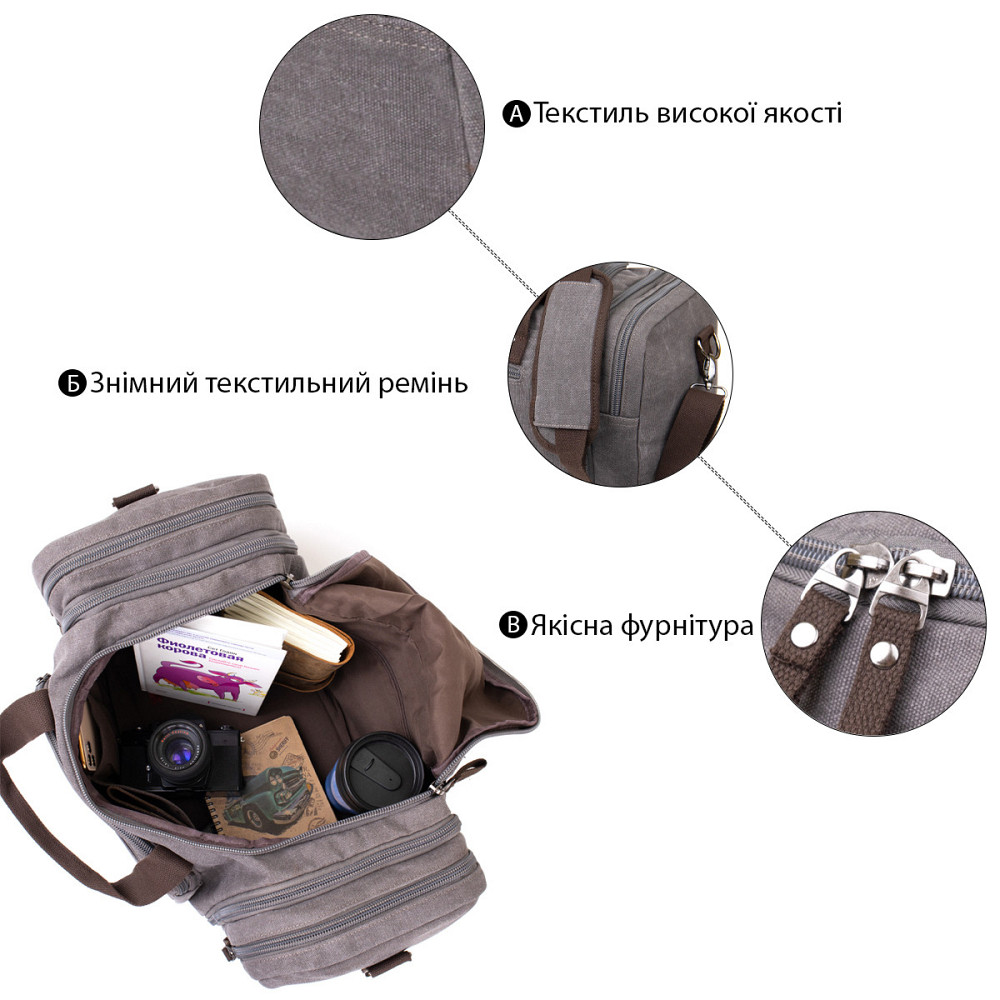 Дорожня сумка текстильна Vintage 20665 Сіра Київ - фото 4