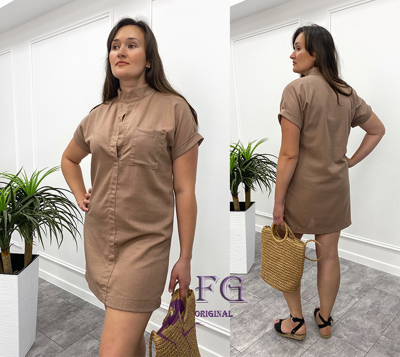 Жіноча лляна туніка великого розміру "Inga" оптом | Розпродаж моделі Капучіно, 50-52 Київ - фото 4