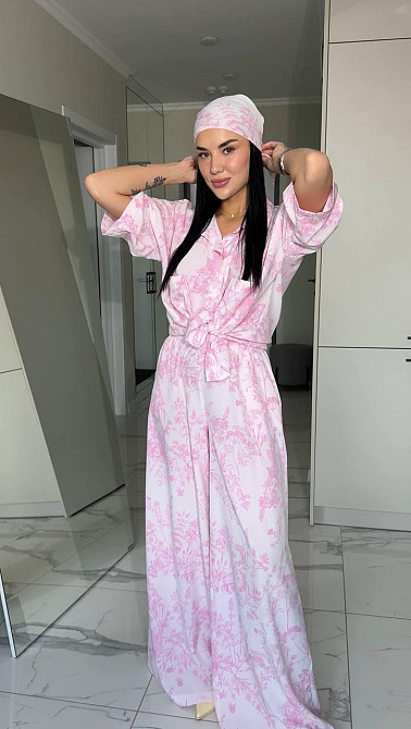 Женский легкий принтованный костюм тройка: платок, рубашка и штаны софт Одесса - изображение 1