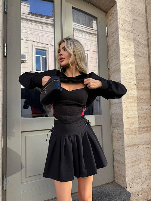 Жіночий стильний літній костюм-трійка з підтягувальним корсетним топом двонитка + зербна Чорний, 40/42 Одеса - фото 1