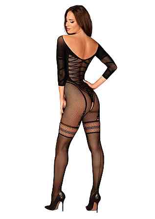 Сітчастий бодістокінг з імітацією підв’язок Obsessive Bodystocking G329 XL/XXL, black, з доступом Sex Aura Київ