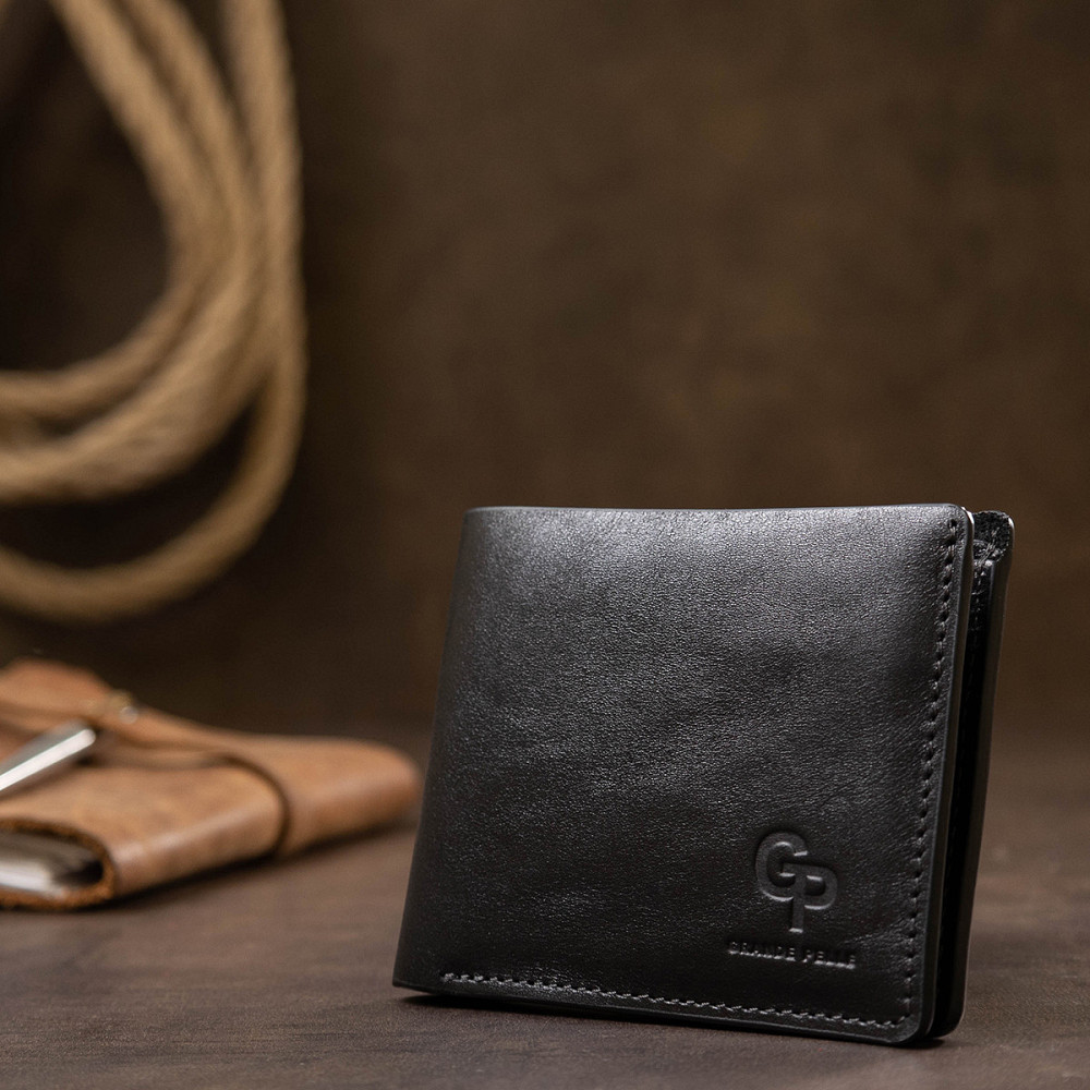 Шкіряне чоловіче глянсове портмоне Чорний (GRANDE PELLE) Київ - фото 2