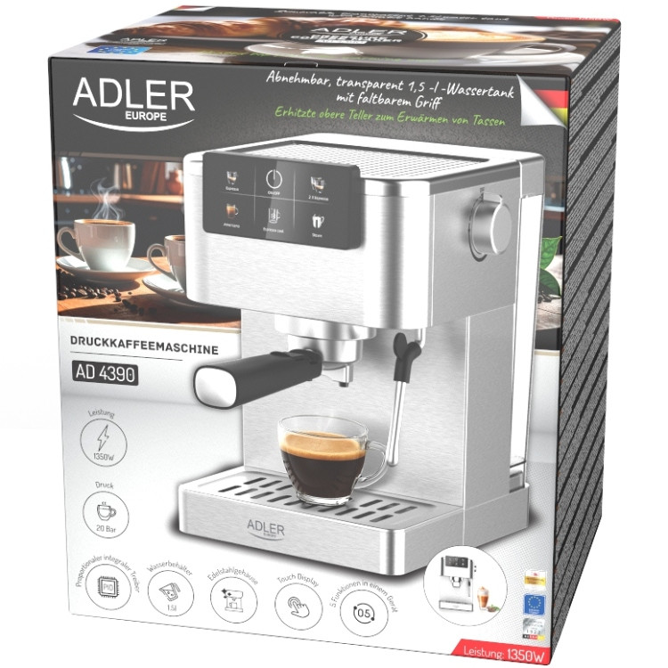Кавомашина Adler AD 4390 ріжкова/ 1350 Вт/ 20 бар/ 1,5л/ мелена/ капучінатор/сіра Винница - изображение 14