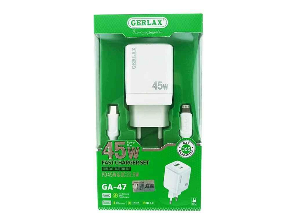 Мережевий зарядний пристрій Type-C to iPhone Lightning GA-47 3A/22.5W/QC3.0/45W/PD білий ТМ GERLAX Київ - фото 1