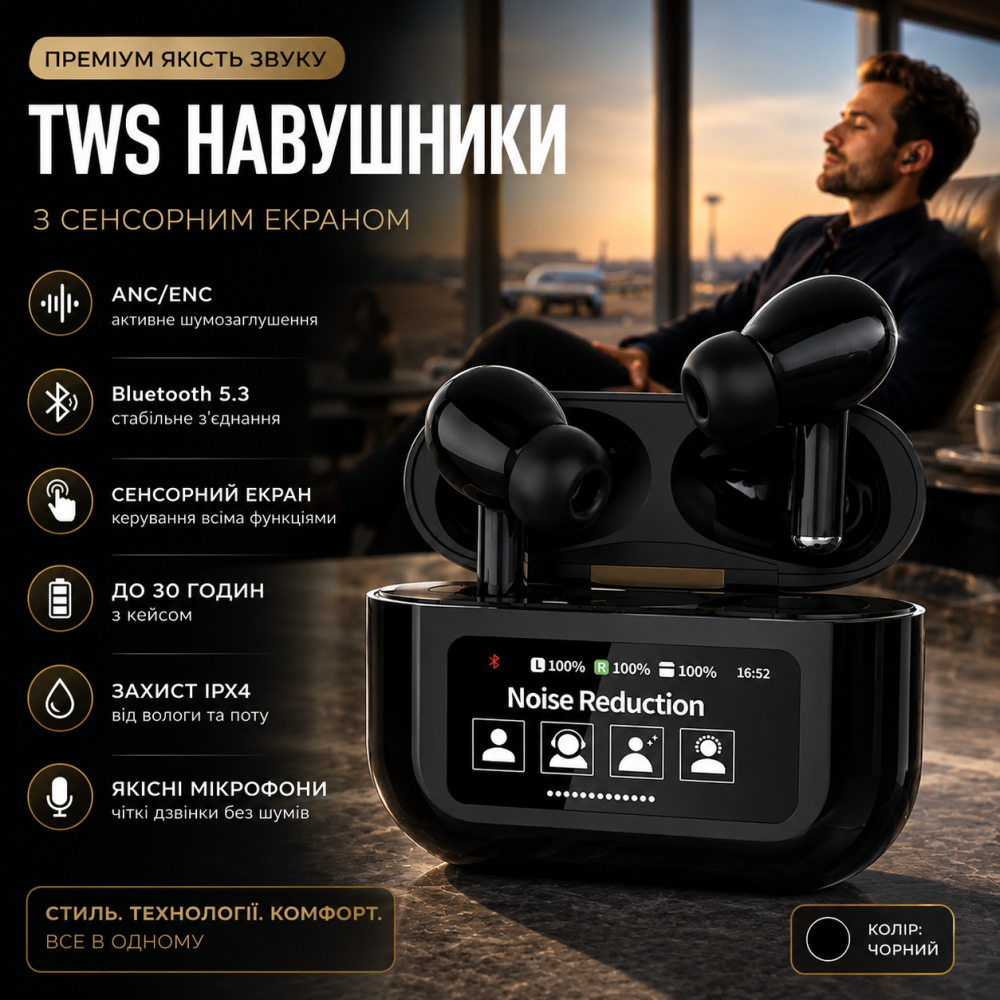 Бездротові Bluetooth навушники TWS Bluetooth 5.3 з сенсорним LCD дисплеєм, ANC шумозаглушенням, Hi-Fi, вологозахист Київ - фото 8