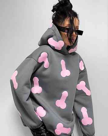 Женское теплое ОХУЕ*** худи оверсайз кроя на фиксаторах трехнитка на флисе Графит Одесса