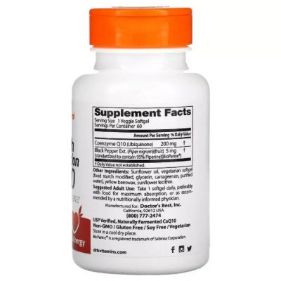 Антиоксидант Doctor&apos;s Best Коензим Q10 Високої абсорбацию 200мг, BioPerine, 60 желатино (DRB-00412) Вінниця - фото 2