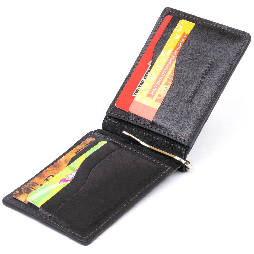 Стильне портмоне з затискачем для грошей без застібки в гладкій шкірі GRANDE PELLE 11297 Чорне Київ - фото 3