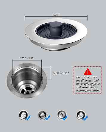 Заглушка для кухонної мийки Hibbent KD620-1 нержавіюча сталь/ABS 3-в-1 поп-ап універсальна 70-86 мм глибина >22 мм фільтр-сітка Київ