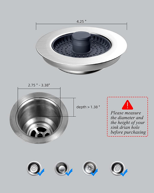 Заглушка для кухонної мийки Hibbent KD620-1 нержавіюча сталь/ABS 3-в-1 поп-ап універсальна 70-86 мм глибина >22 мм фільтр-сітка Київ - фото 2