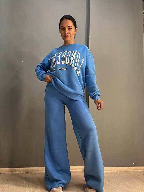 Штаны женские Quzen 388 брюки спортивные палаццо широкие свободные от бедра утепленные на флисе голубые, голубой, M Киев - изображение 12