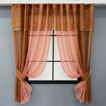 Кухонные шторы VR-Textil № 090к с ламбрекеном и подвязками коричневый с коралловым 280х170 см (52-1163) Киев