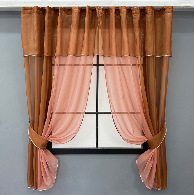 Кухонные шторы VR-Textil № 090к с ламбрекеном и подвязками коричневый с коралловым 280х170 см (52-1163) Киев - изображение 1