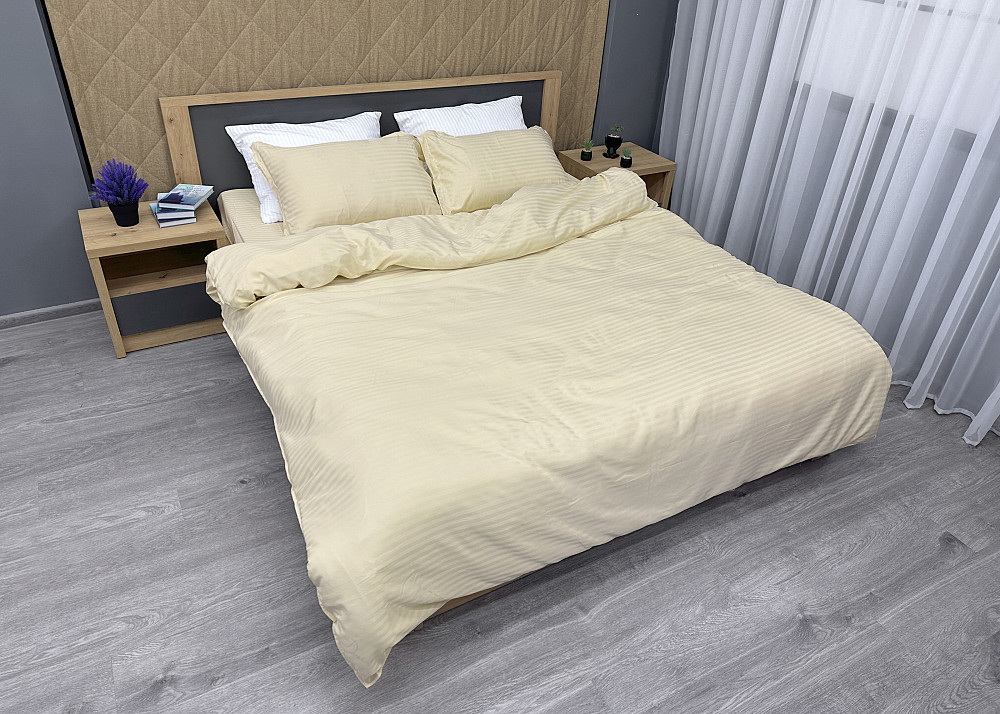 Комплект постільної білизни Страйп-сатин Полуторний з простирадлом на резинці 140х200х25, підковдра 150х220, 2 наволочки 70х70 Молочний (88-209) Київ - фото 3