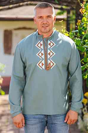 Вышиванка льняная мужская, длинный рукав, цвет полынь, топ 60 Киев