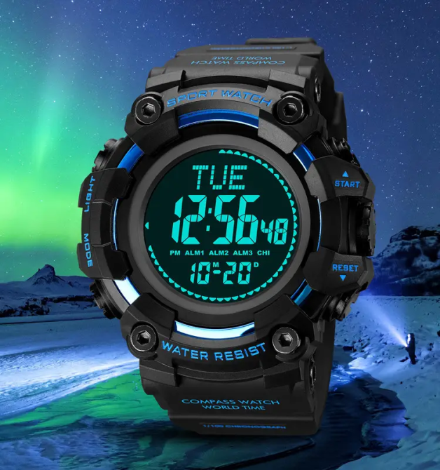 Чоловічий спортивний годинник Skmei 2037 з компасом (Чорний з синім) Київ - фото 7