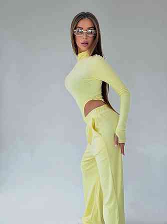 Жіночий стильний повсякденний костюм: боді + штани велюр плюш Лимонний, 44/46 Одеса