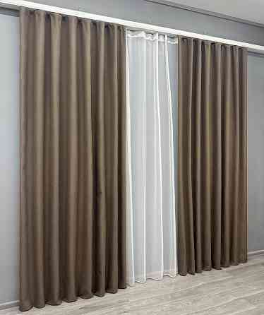 Комплект штор VR-Textil 100% блэкаут ASHEN NIGHT 100х270 2шт и Тюль 300х270 1854ш-1153т коричневый с белым 71-094/1 Киев