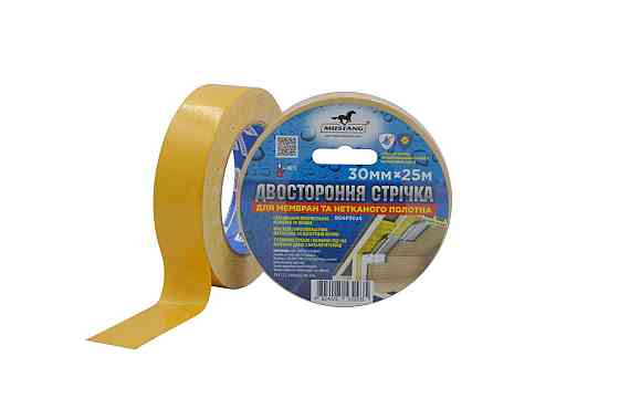 Двостороння стрічка для МЕМБРАН ТА НЕТКАНОГО ПОЛОТНА MUSTANG 30мм х 25м Рівне