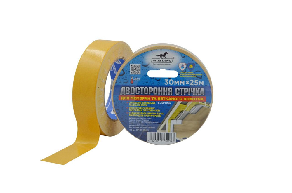 Двухсторонняя лента для МЕМБРАН И НЕтканого полотна MUSTANG 30мм х 25м Ровно - изображение 1