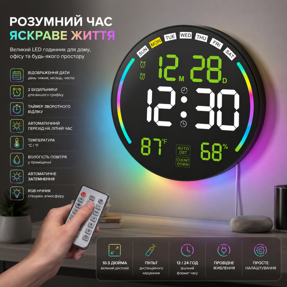 Великий настінний цифровий годинник Pytha Sight 26см" LED вигнутий електронний годинник-медіастанція з пультом Київ - фото 2