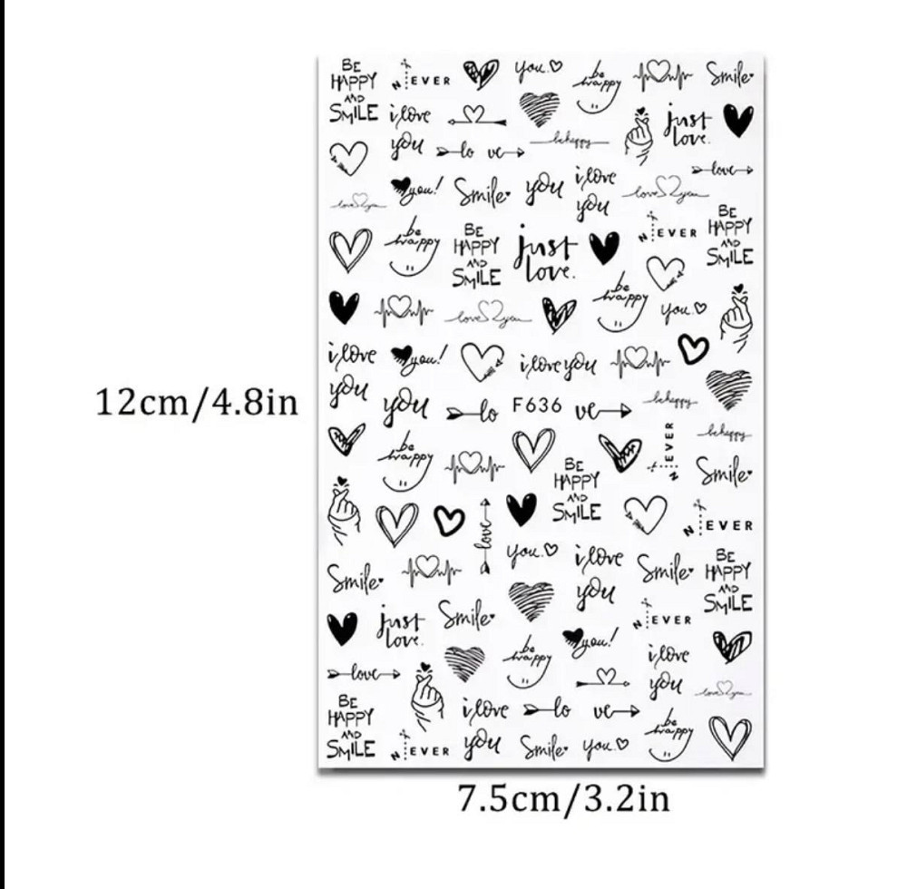 Назва товару: Стікери для нігтів з написами і сердечками, чорні, 1 лист Київ - фото 4