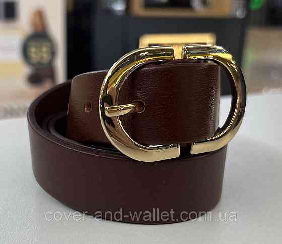 Коричневый кожаный женский ремень с золотистой пряжкой 30 мм PS Leather Киев
