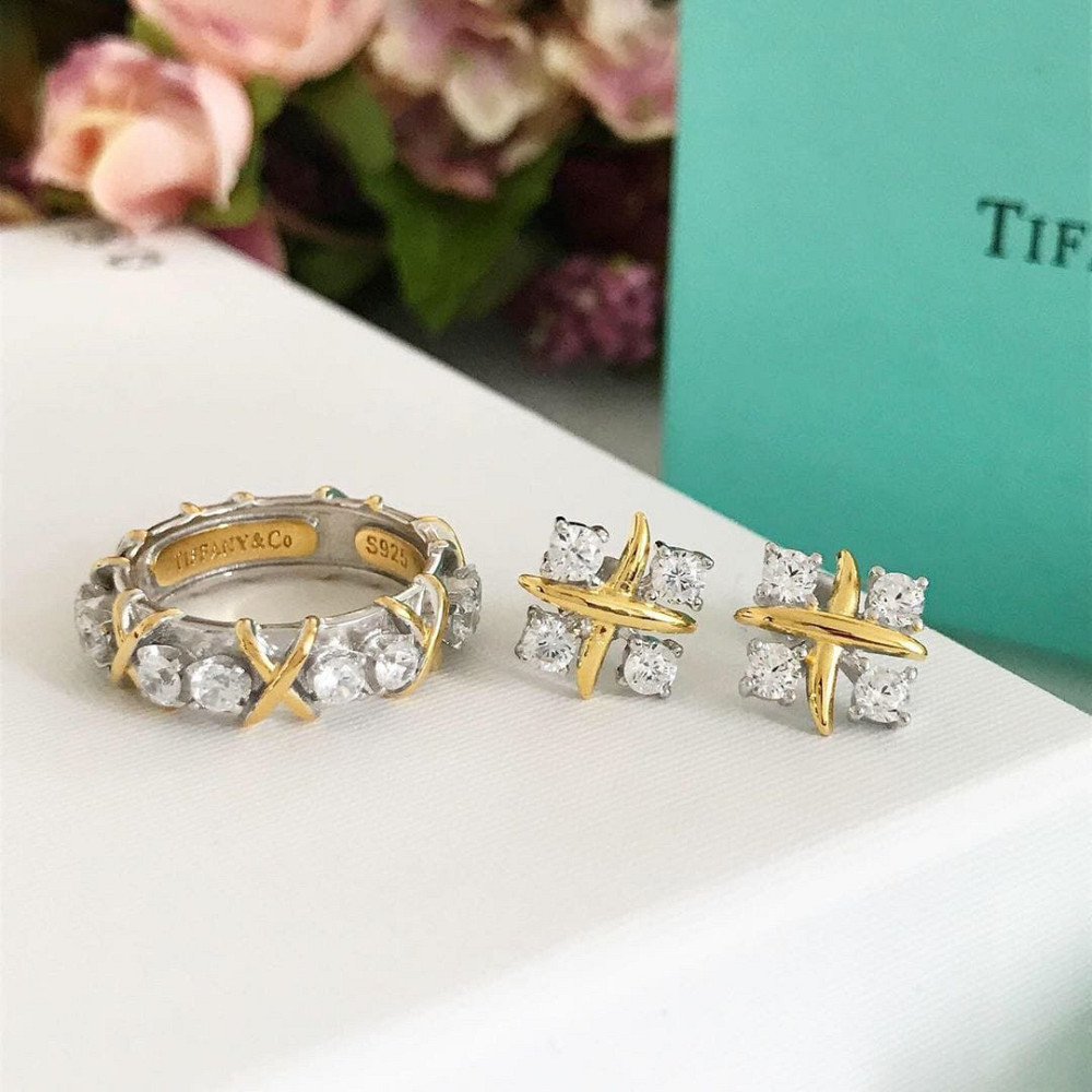 Tiffany Тіффані набір — кільце та сережки з хрестиками срібло 925, позолота/подарункове паковання Одеса - фото 2