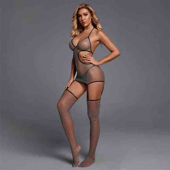 Комплект: Короткий прозорий пеньюар із підв'язками для панчіх і панчохами — S/M/L — Еротична білизна Вінниця