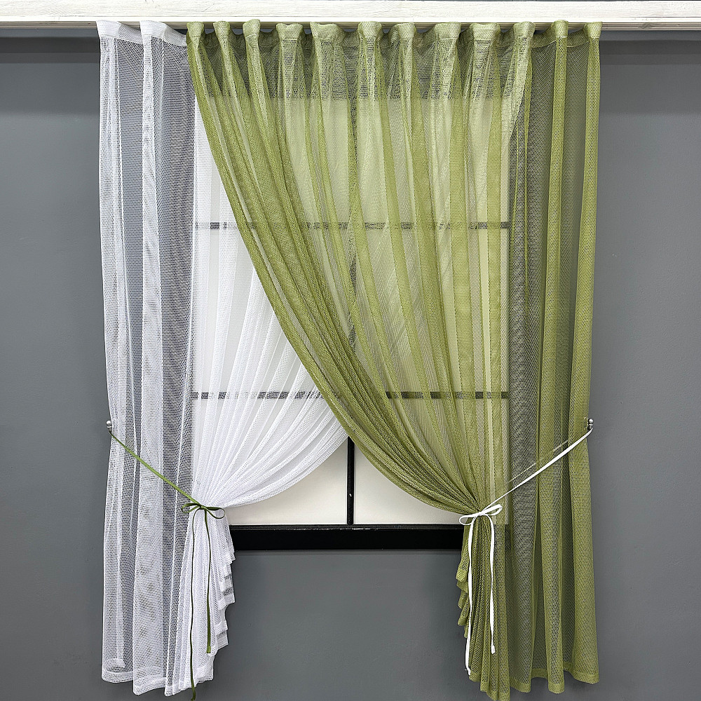 Кухонные шторки VR-Textil № 101к с подвязками Оливковый с белым 330х170 см (52-1215) Киев - изображение 1