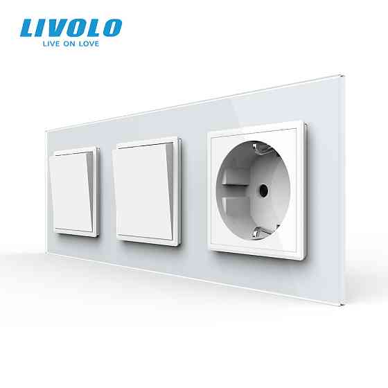 LIVOLO Двоклавішний вимикач (1-1) з розеткою Livolo білий скло (VL-C7K1/K1/FCTC16A-6WP) Коломия