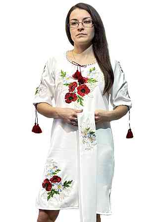 Українське жіноче біле вишите плаття «Мак-ромашка» з поясом Київ