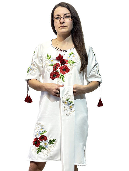 Українське жіноче біле вишите плаття «Мак-ромашка» з поясом Київ - фото 2