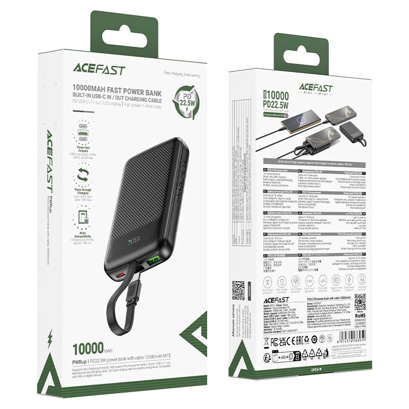 Зовнішній акумулятор ACEFAST M13 PD22.5W power bank with cable 10000mAh Black Київ - фото 2