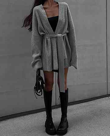 Стильный женский теплый оверсайз кардиган вязка. Серый Одесса