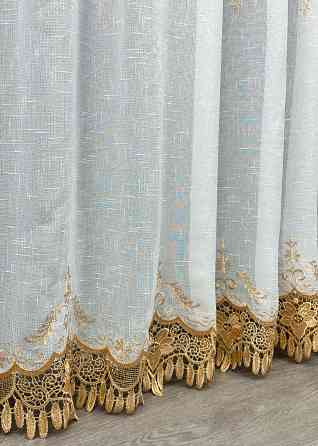 Тюль лен с кружевом цвет белый с золотистым 1803т Киев