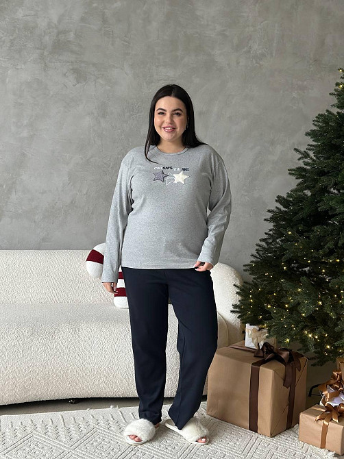 Піжама жіноча великого розміру штани та лонгслів батал PLUS SIZE з вишивкою зірки для дому та сну з довгими рукавами сіра 3XL Одеса - фото 7
