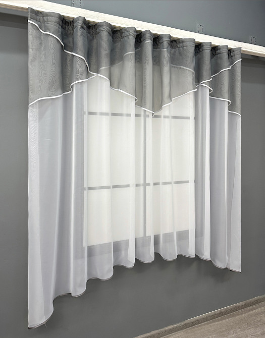 Кухонная тюль арка с ламбрекеном VR-Textil № 025к белый с графитовым 280х170 см (52-0430) Киев - изображение 7