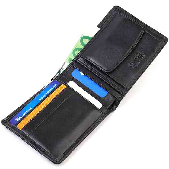 Практичный компактный кошелек с вкладышем для удостоверения для мужчин из натуральной гладкой кожи CANPELLINI 21876 Черный Киев